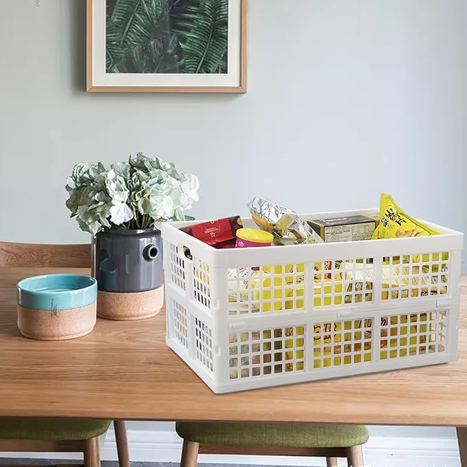 Asking 2-Pack 42 L Stackable Collapsible Crate, Plastic Folding Storage Crate, White