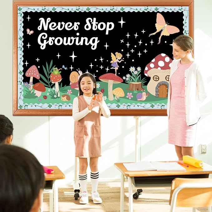 Forest Bulletin Board Decorations Set Mushroom House Spring Summer Never Stop Growing Paper Cutouts Fairy Tale Story Bulletin Boarder Elf Flower Classroom Supplies for Motivational School Party Decor