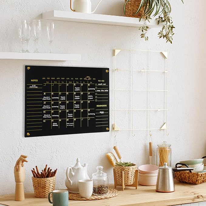Black Acrylic Calendar Dry Erase for Wall, Family Planner, Monthly Calendar Dry Erase Whiteboard for Home, Office, 24" x 16"Reusable White Board（(Acrylic-BK-4060)