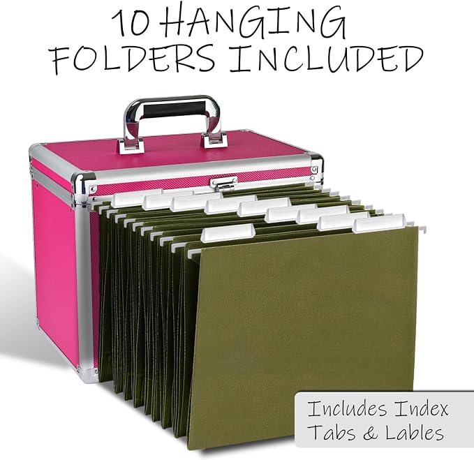File Storage Cabinet for Letter Size Hanging File Folders, Suspension File Holder, Document Organizer Filing Lockbox in Office and Home with Combination Lock and 10-pack Hanging Files (Pink, Letter)