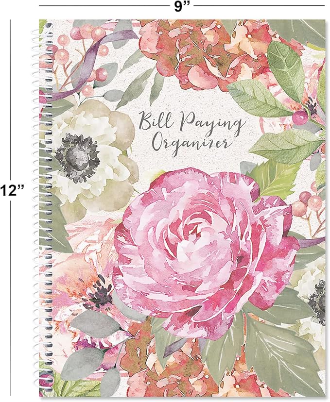 Current Pale Peony Paying Organizer Book - 9" x 12” Personal Account Book, Spiral Bound, 14 Storage Pockets, 32 Label Stickers, Monthly Finance & Payment Management Tracker for Home & Office