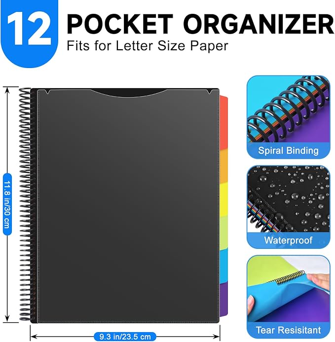 12 Pocket Poly Project Organizer for School & Office, Expandable File Folder with Dividers, Durable Accordion Folder for Documents, Homework, Bills Organization (Black)