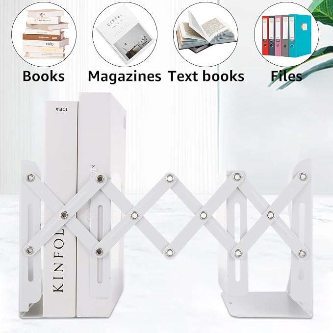 SHUESS 2 Pack Adjustable Bookends, Expandable Metal Book Holder With 2 Dividers, White Stoppers for Heavy Duty Books, Desk Ends for Shelves, Office & School