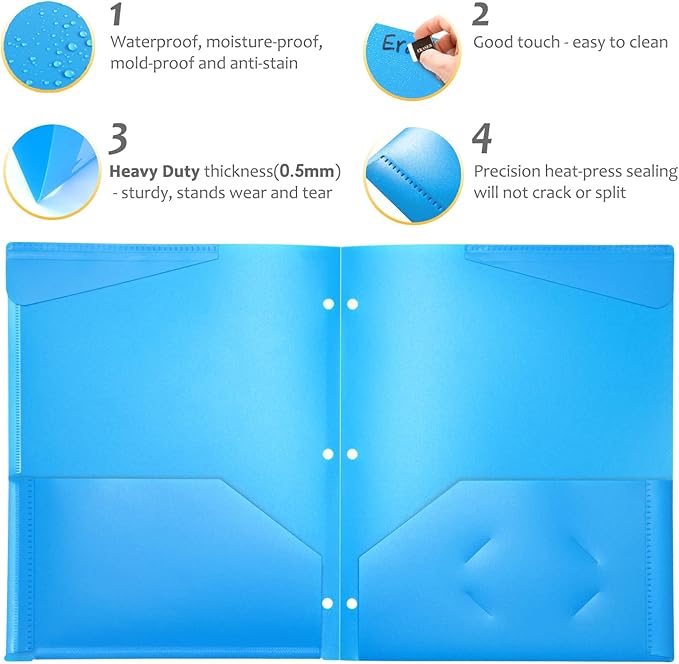 Heavy Duty Plastic Folders with Clear Front Pocket - 6PCS, 3 Pockets Folders with 3 Holes Fits 3 Ring Binder, Includes Card Slot, for Letter Size Sheets, Assorted Bright Colors