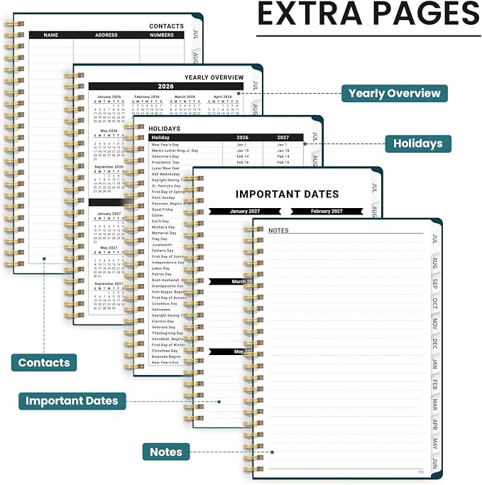 Planner 2026-2027, Monthly and Weekly Academic Planner July 2026 - June 2027, Hardcover Student Teacher Planning Agenda Calendar Book with Tabs, Perfect for Office School Supplies, A5 (6.3" x 8.5") - Teal Blooms