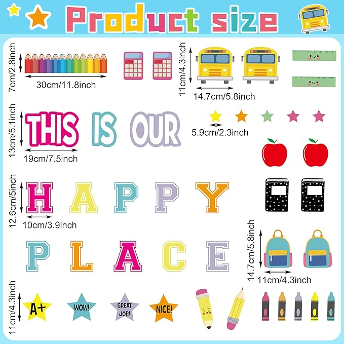 Mooliwe This is Our Happy Place Classroom Decor Welcome Back to School Bulletin Board Set DIY Paper Die Cuts Decorating Supplies for First Day of School Craft Classroom Wall Decor