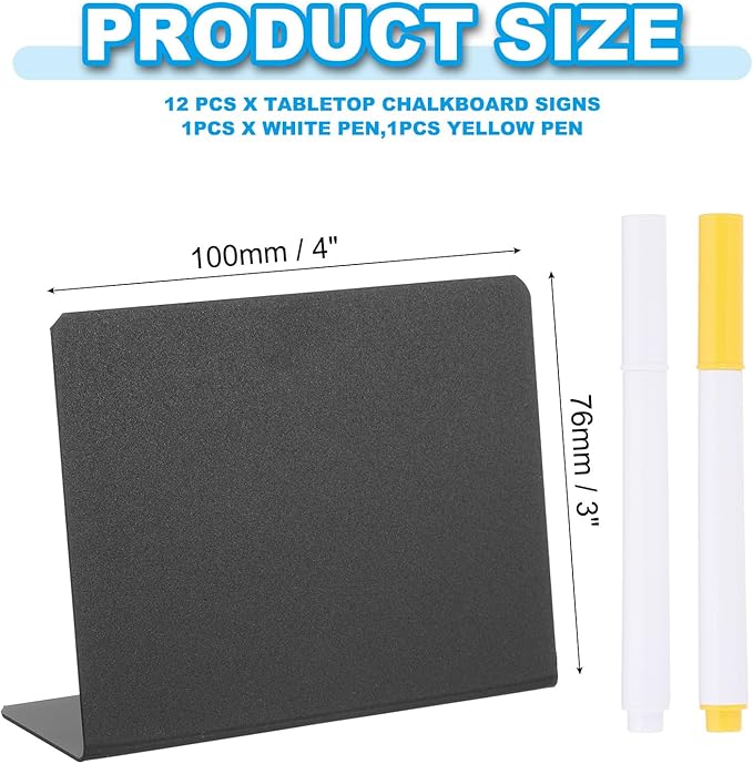 PATIKIL 4" x 3" Tabletop Chalkboard Signs, 12 Pcs Small Chalkboard Signs L Shape Table Food Labels with 1 White Pen and 1 Yellow Pen for Parties Weddings Buffet Birthday Bakery, Black