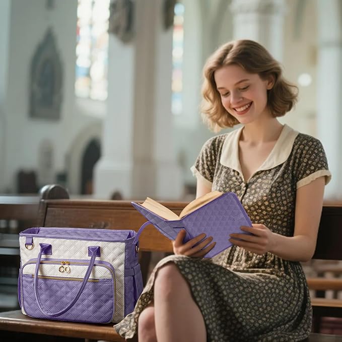 Large Bible Bag with Bible Cover Case for Women,Color-Blocking Bible Carrying Case,Church Tote Bag with Shoulder Strap for Bible Study Supplies,Christian Gifts for Women(Purple