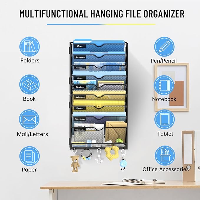 SUPEASY 10 Tier Wall File Organizer with Hooks, Large Capacity Metal Mesh Hanging File Organizer, Wall Mounted Mail & Document Organizer for Home, Classroom, Office Organization, Black