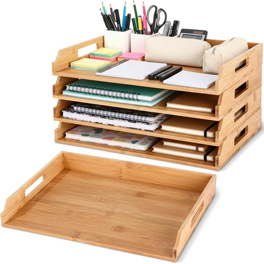 AceOrbit 4 Pcs Stackable Paper Tray Bamboo Wood Desk Organizer Letter Tray 4 Tier Wooden File Organizer Desk Shelf for Documents, Letter Sorter, Envelopes and Magazine Holder