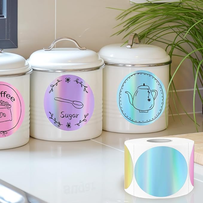 Thermal Label Printer Stickers, 3 Inch Round Holographic Thermal Label Sticker, Circle Holographic Direct Printer Stickers, Perforation Line Design/ 4 Colors