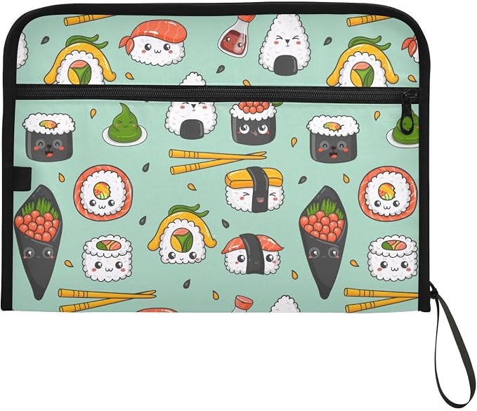 Kawaii Sushi File Folders,Plastic Folders with 13 Pockets,Expandable File Folder for Documents School Students Office,Aesthetic Folder with Labels A4 Letter Size