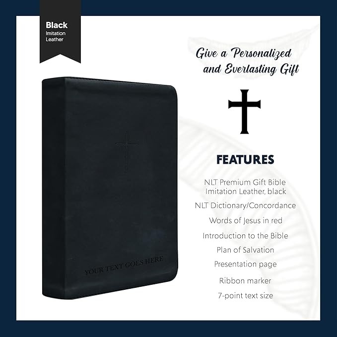 Personalized NLT Bible New Living Translation Faux Leather Holy Bible with Custom Name Up to 3 Rows of Text with Red-Highlighted Verses, Custom Gift for Religious Celebrations | Black
