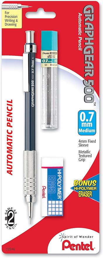 Pentel Drafting Kit with Graph Gear 500 Automatic Drafting Pencil, 0.7mm, Blue Barrel, Lead and Mini Eraser (PG527LEBP)