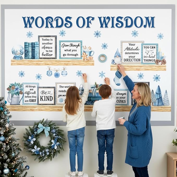 Qilery Winter Bulletin Board Decorations Set – Inspirational Quotes Posters, Seasonal Classroom Wall Decor, Holiday Bulletin Board Kit with Snowflake Lantern Cutouts for Teachers Office Library Home