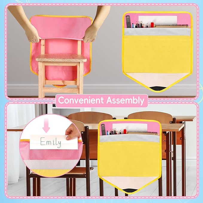 24Pcs Pencil Chair Pockets for Classroom Pencil Chair Back Buddy Pocket with Name Tags 17 x 20In Chairs Organizer 3 Pockets Seat Storage Pocket for Kids School Classroom Daycare Home Supplies