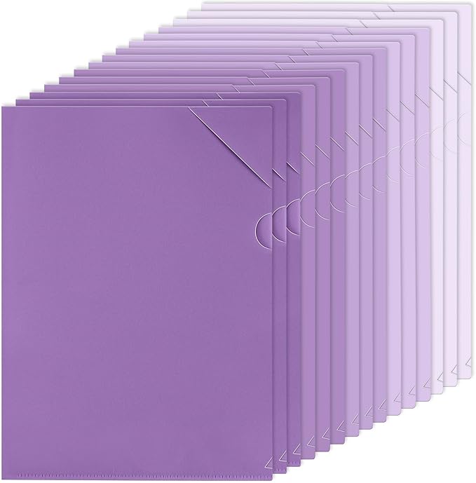 Kisston 15 Pack Purple Clear Plastic Folders Sleeves Project Pockets for Letter Size 12.1x8.8, L-Shaped Transparent File Jacket for School Office Desk Supplies