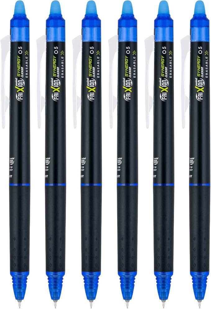 PILOT FriXion Synergy Clicker Retractable & Erasable Gel Ink Pens, 0.5mm Extra Fine Point, Blue Ink, 6-pack
