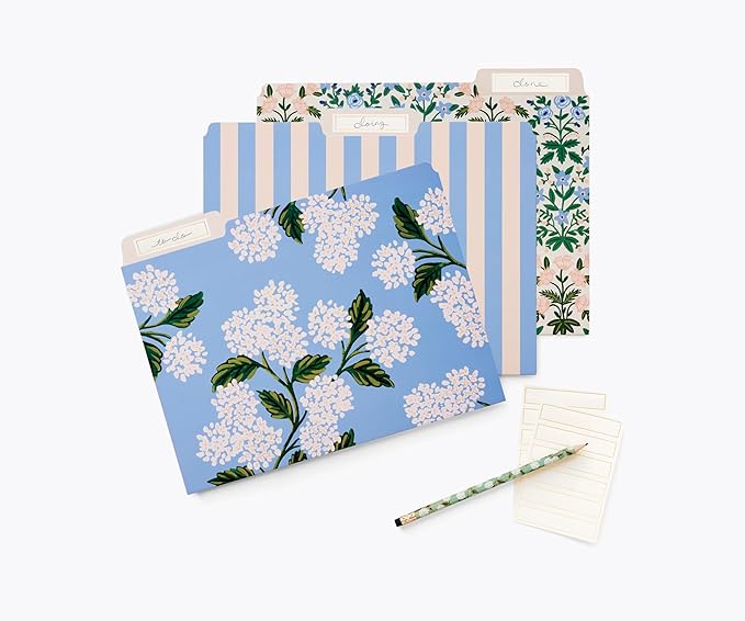RIFLE PAPER CO. Hydrangea Assorted File Folder Set, Stay Organized with Our Stylish, Sturdy and Colorful File Folders, Set of 6 Including 2 of Each Design and 12 Handy Adhesive Labels