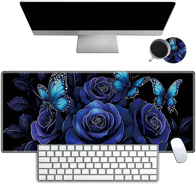 Mouse Pad Gaming Mousepad 31.5x11.8 Inch XXL Large + Coasters,Desk Mat with Stitched Edges, Non-Slip Rubber Base, Thick Mouse Pad for Computer, Laptop, Office & Home - Blue Rose Butterfly