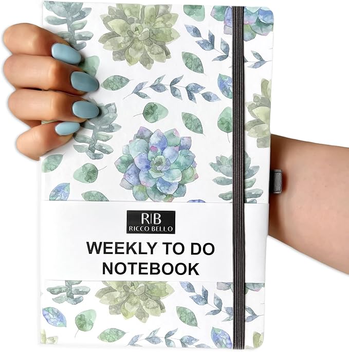 RICCO BELLO Undated Weekly Planner To Do Notebook | Hardcover, for Work, School, Home with Pen Holder, Bookmark, Band Closure, Storage Pocket, 5.7 x 8.4 Inches (Succulents)
