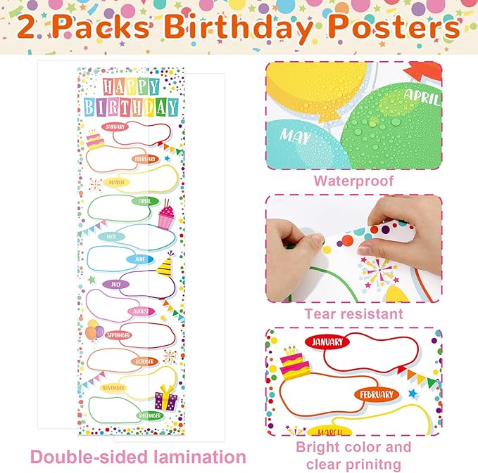 Confetti Happy Birthday Poster Chart Calendars Bulletin Board Decorations Colorful Birthday Classroom Wall Door Decor for Bulletin Boards Nursery Home Kindergarten Back to School Supplies