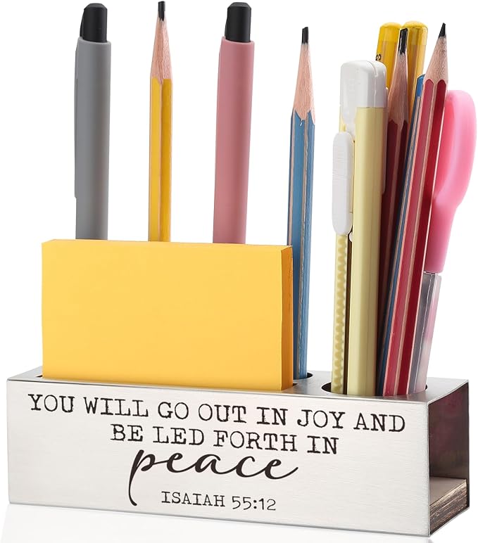 Isaiah 55:12 Bible Verse Pen and Pencil Holder, You Will Go Out in Joy Scripture Desk Accessory, Christian Spiritual Thank You Appreciation Gift, Stainless Steel Pencil Holder for Graduation EDP30