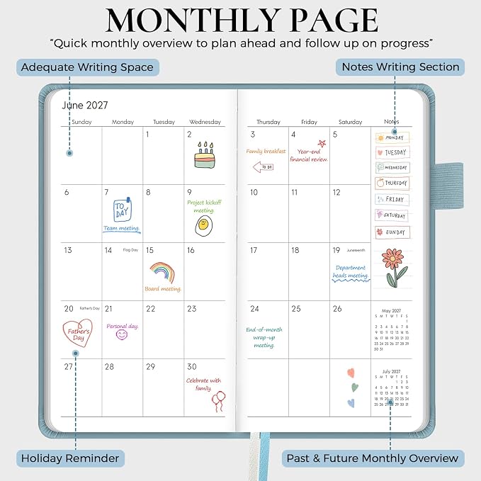KONVINIT Pocket Calendar 2026-2028, 24-Month Pocket Calendar 2027 Planner Runs from July.2026 Until June.2028, Blue PU Monthly Planner with Inner Pocket, Pen Loop, Elastic Closure for School & Office Supplies, 3.54”×6.69”