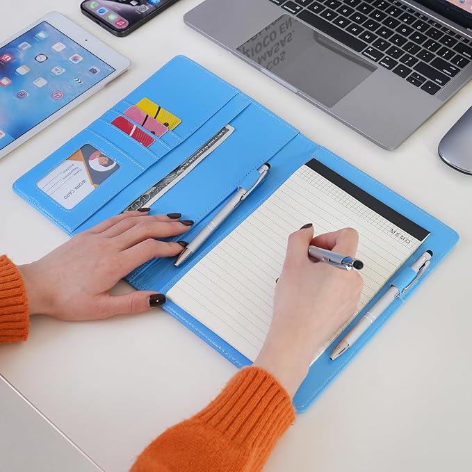 Wonderpool A5 PU Leather Clipboard Partfolio Notepad Forms Holders Document Case - Interview Planner Meeting Writing Padfolio File for Office Travel School Hotel (Sky Blue, A5)