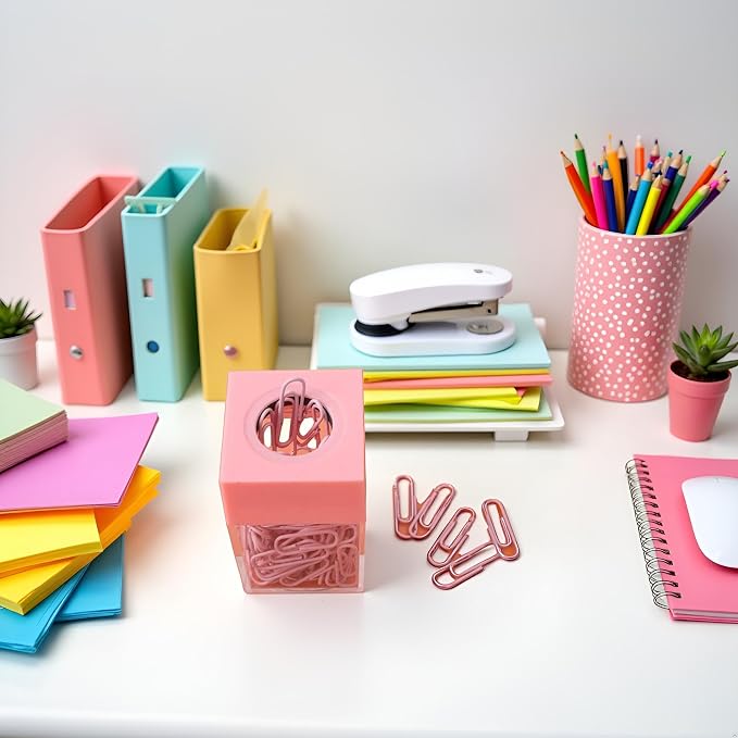 Pink Paper Cilp Dispenser Holder Clear Acrylic Organizers with Magnetic Top for Desk Cute Office Binder Clip, Paper Clip Holders