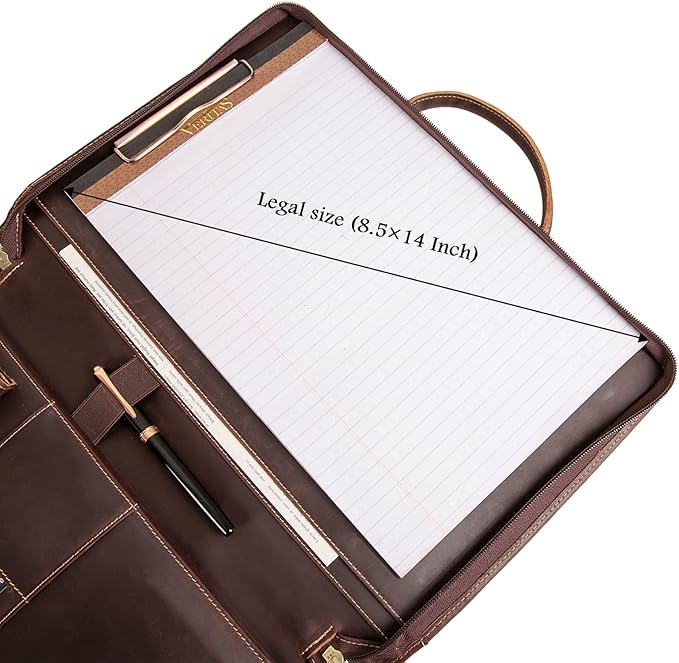 Genuine Leather Portfolio, Padfolio Organizer with Handle, Personalized Padfolio，Padfolio with Zipper for Men Women，Suitable for 15-inch Laptop Legal Pad Padfolio, Dark Brown
