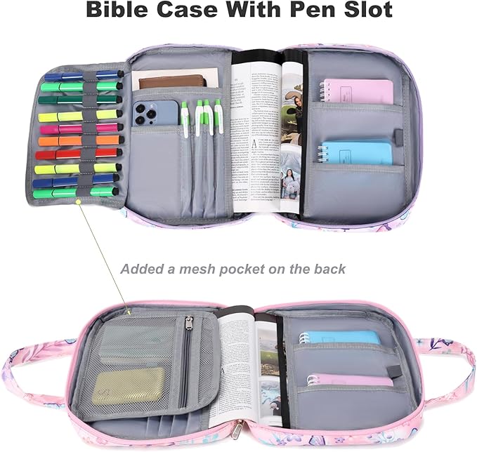 Octsky Bible Covers Bible Case Girls Book Carrying Case for Kids Scripture Church Bag Bible Protective with Handle Zippered Pocket (Butterfly Pink)