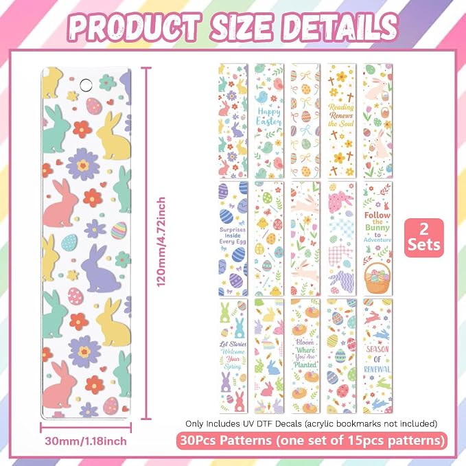Peacoblue 30pcs UV DTF Bookmarks Transfer Stickers Wraps Spring Easter Bunny and Eggs for Women Men Reading, Waterproof Bookmarkers Decal(No Blank Bookmarks) for Acrylic Plastic Metal Blank Bookmark