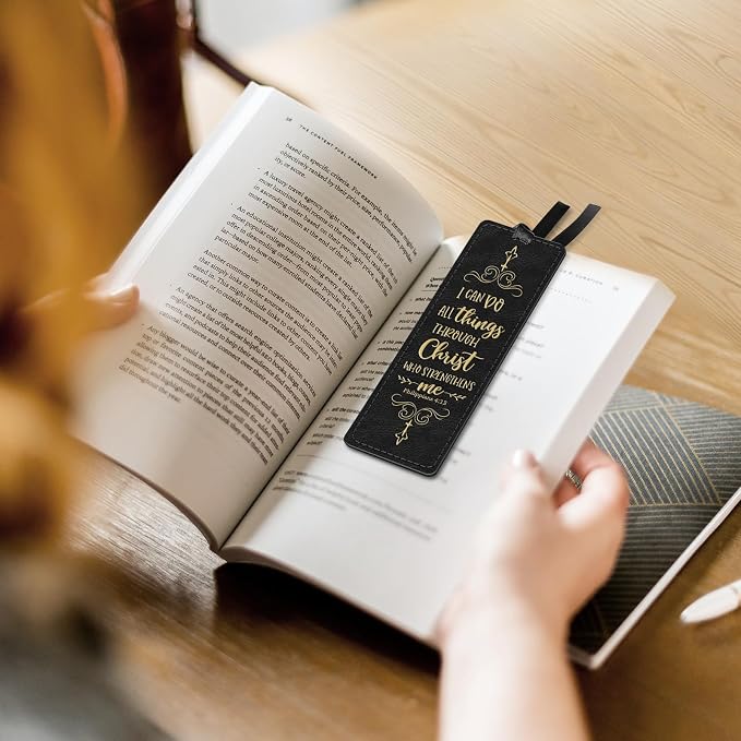 FINPAC Leather Bible Bookmarks, Vegan Religious Bookmarks, Bible Verse Book Markers Church Gifts for Women Men [Trust in The Lord with All Your Heart] - Gilded Black