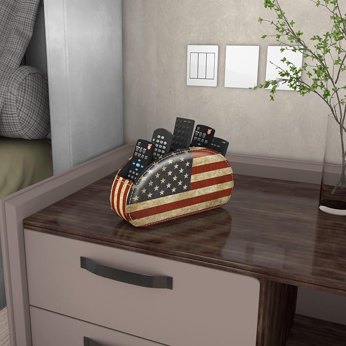 Leather Remote Caddy Desktop Organizer with 5 Spacious Compartments for TV Remotes/Media Controllers/Office Supplies (American Flag)
