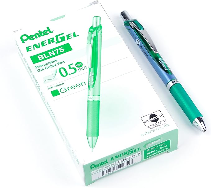 Pentel EnerGel Deluxe RTX Retractable Liquid Gel Pen, Fine Line, Needle Tip, Green Ink, Box of 12 (BLN75-D)