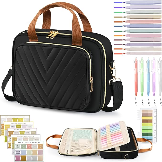 Large Bible Bags for Women, Bible Cover Case with Highlighters Tabs Quilted Book Travel Case w/Shoulder Strap, Bible Study Supplies Journaling Kit Accessories Christian Gifts for Women Girl