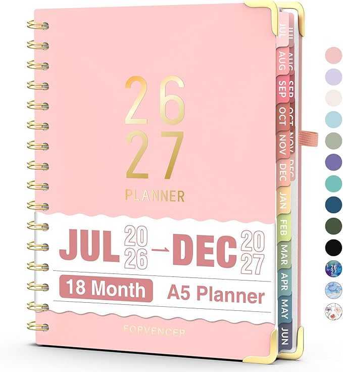 Jul 2026 - Dec 2027 Planner, Forvencer 18 Month Academic Planner 2026-2027, 6.3" x 8.4", Calendar Planner Weekly and Monthly, Daily Agenda Book, College School Supplies for Student Teacher, A5, Pink
