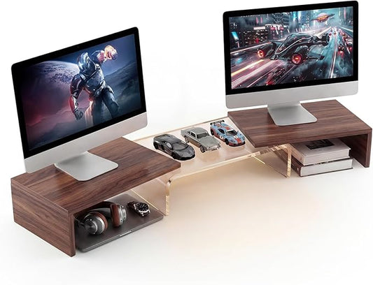 High-Clarity Dual Monitor Riser, Acrylic Monitor Riser, Adjustable Angle & Length Computer Monitor Stand, Wide Desk Shelf for Top of Desk for Home Office_Walnut Look Small