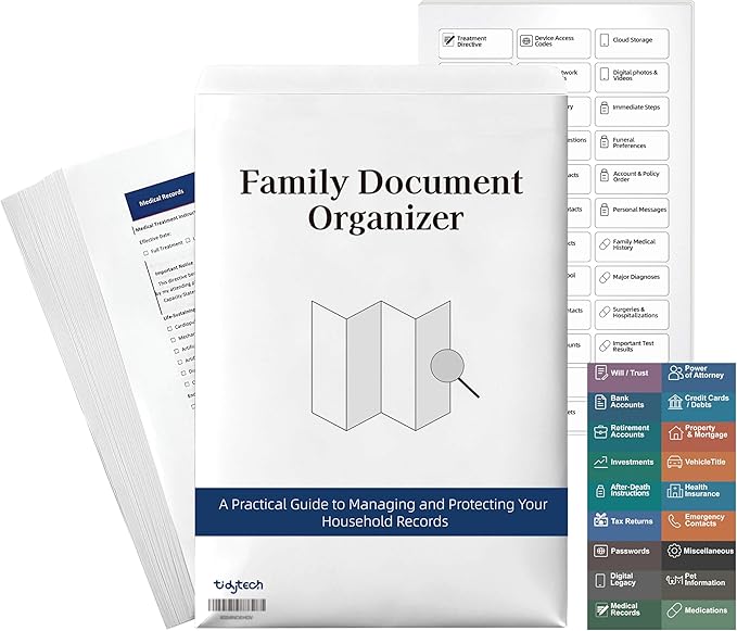 Family Document Organizer Guide, Filing System with Step-by-Step Instructions for Estate Planning, Personal Records, Next of Kin Kit (18 Category Labels and 97 Sub-Labels)