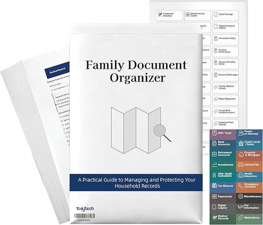 Family Document Organizer Guide, Filing System with Step-by-Step Instructions for Estate Planning, Personal Records, Next of Kin Kit (18 Category Labels and 97 Sub-Labels)