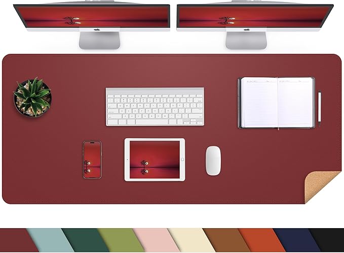 AFIING Leahter Desk Pad 47" x 17", Red,Desk Cover mat | Natural Cork & PU Leather, Mouse Pad, Non-Slip, Waterproof, For Office and Home