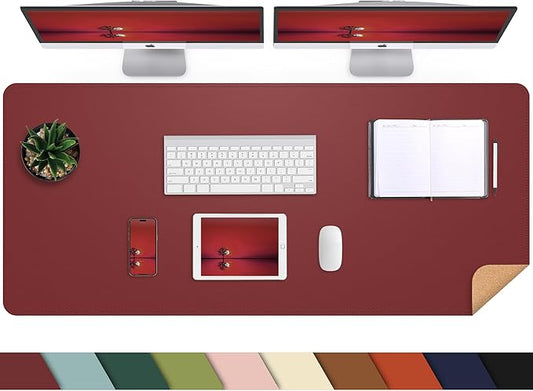 AFIING Leahter Desk Pad 47" x 17", Red,Desk Cover mat | Natural Cork & PU Leather, Mouse Pad, Non-Slip, Waterproof, For Office and Home