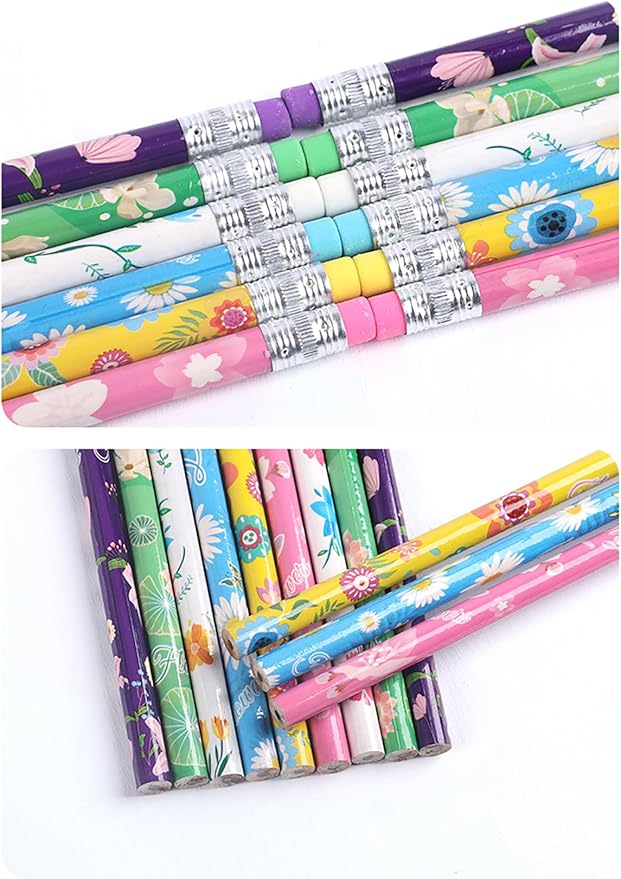 24pcs Flowers Pencils with Eraser Wood Pencils Bulk (Flowers, 24)