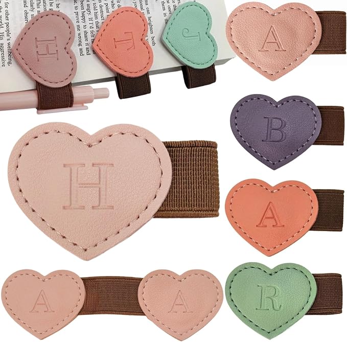 Personalized Magnetic Leather Heart Bookmark with Pen Holder - 26 Letters Custom Book Mark Notebook Pencil Loop with Initial Book Marker for Readers, Book Lovers- Gifts for Women Men(Pink,H)