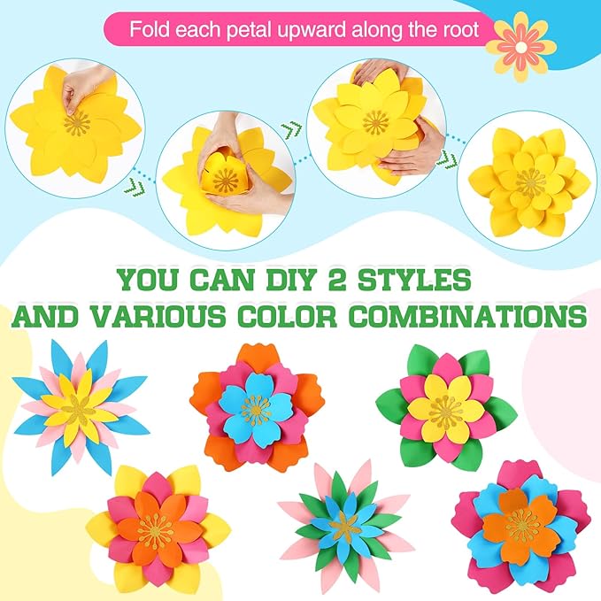 MotiMind 12 Pcs Paper Flowers Decorations for Wall DIY Paper Flowers Bulletin Board 3D Handcrafted Backdrop Decoration for Classroom Back to School Party(Rainbow Color)