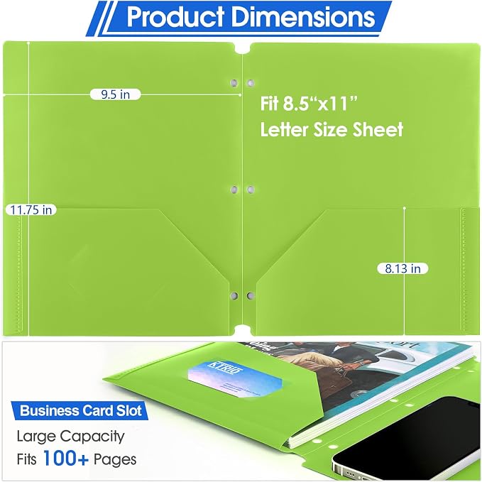 KTRIO 12 Pack Plastic Pocket Folders, 3 Hole, Letter Size, 6 Assorted Color | 3 Hole Punched, 2 Pocket Storage, Water-Resistant PP, Business Card Slot, 6 Assorted Colors
