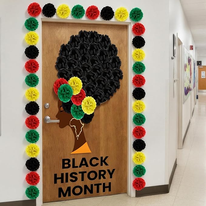 Hahafelt 77 Pcs Large Bulletin Board Decor 34.7 x 53.2 Inches Black Women Portrait Decor 6 Inch Paper Flowers 4.7 Inch Pull Bows for Classroom African American Celebration(Black History Month Green)