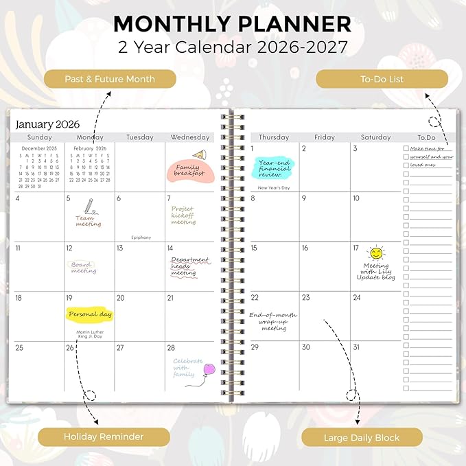 SKYDUE Monthly Planner 2026-2027, 24 Months Calendar Planner 2026-2027, 7.5" x 10" B5 Planner, Twin-wire Spiral Bound, Durable Waterproof Cover, Thick No-Bleed Paper, AbstractFloral
