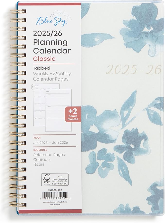 Blue Sky 2025-2026 Weekly and Monthly Academic Year Planner Calendar, July 2025 - June 2026, 5" x 8", Flexible Cover, Wirebound, Laminated Tabs, Bakah Blue
